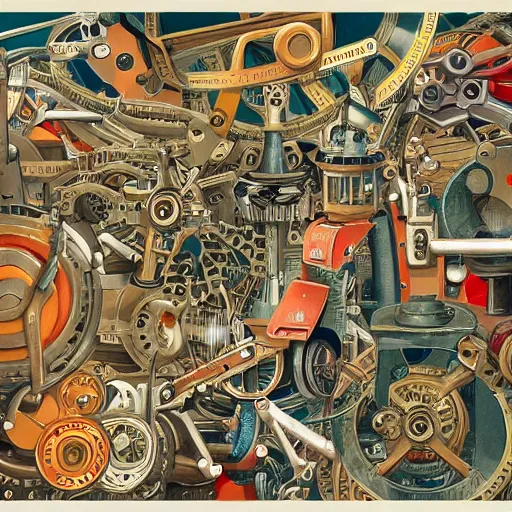 Image similar to a chaotic scene of a crazy machine with lots of details and contraptions. there are many pairs of scissors visible. the illustration is very detailed and intricate, with a lot of small elements that come together to create a cohesive whole. it uses a limited palette of colors, which helps to create a cohesive and unified look.