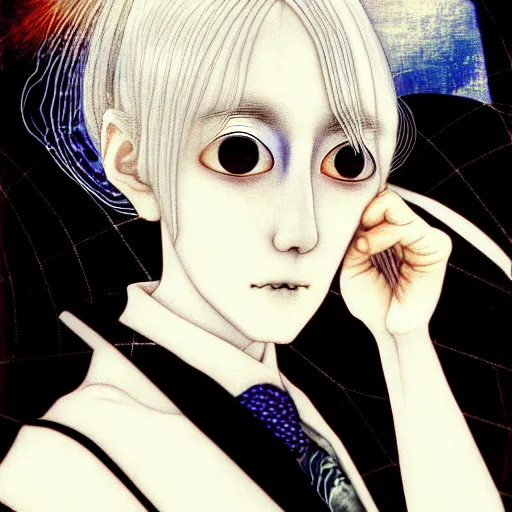 Image similar to yoshitaka amano blurred and dreamy realistic portrait of a woman with white hair and black eyes wearing dress suit with tie, junji ito abstract patterns in the background, satoshi kon anime, noisy film grain effect, highly detailed, renaissance oil painting, weird portrait angle, blurred lost edges, three quarter view