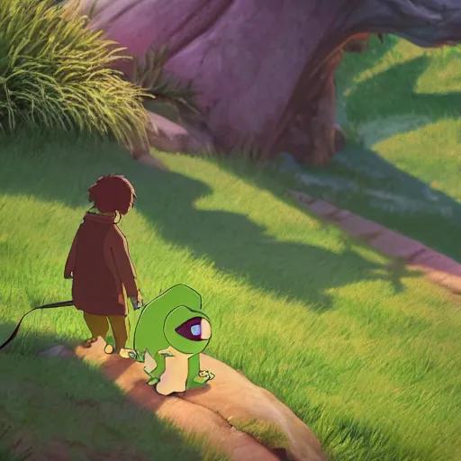 Image similar to a wholesome animation key shot of pepe the frog and a cat playing on a hill, medium shot, studio ghibli, pixar and disney animation, sharp, rendered in unreal engine 5, anime key art by greg rutkowski, bloom, dramatic lighting