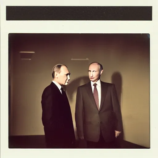 Image similar to Vladimir putin looking at an atomic bomb. polaroid. bleak.