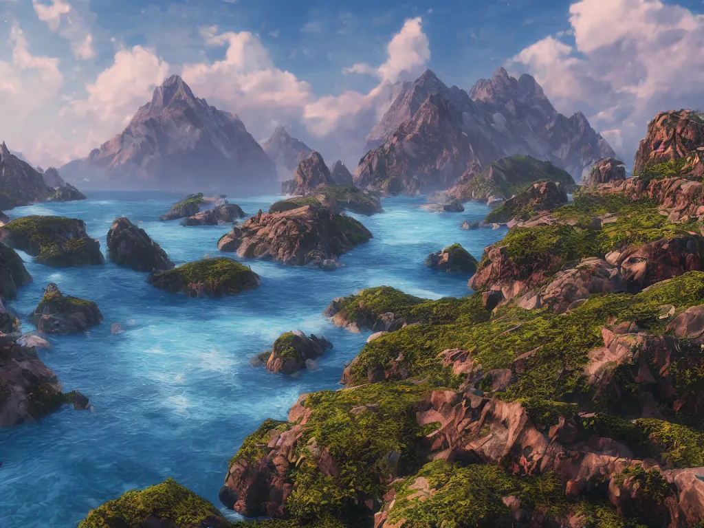 Image similar to sky, land, mountains, ocean, hdr, ue5, unreal engine 5, cinematic 4k wallpaper, ultra detailed, high resolution, Artstation, award winning.