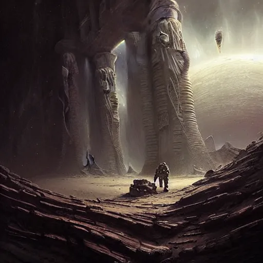 Prompt: astronaut exploring a strange surface of another planet, there are ruins of ancient civilization, ultra high definition, ultra detailed, symmetry, sci - fi, dark fantasy, in style of heavy metal comic, dark and horror style, metal by greg rutkowski and ross tran