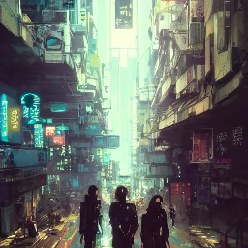 Image similar to ultra realistic beautiful cyberpunk kowloon techno art, beautiful alluring anime teen, art by wlop and artgerm and greg rutkowski, ilya kuvshinov, yoji shinkawa, intricate, elegant, sharp focus, illustration, highly detailed, concept art, matte, trending on artstation, anime, beautiful sunlight and shadows