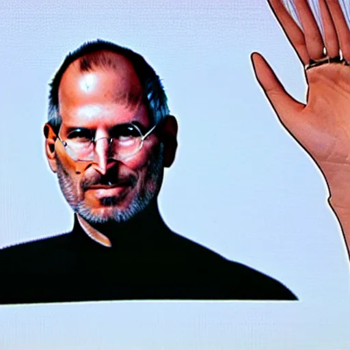 Image similar to steve jobs at a samsung conference presenting a new cell phone, symmetry, hyper realistic, photorealistic, cinematic