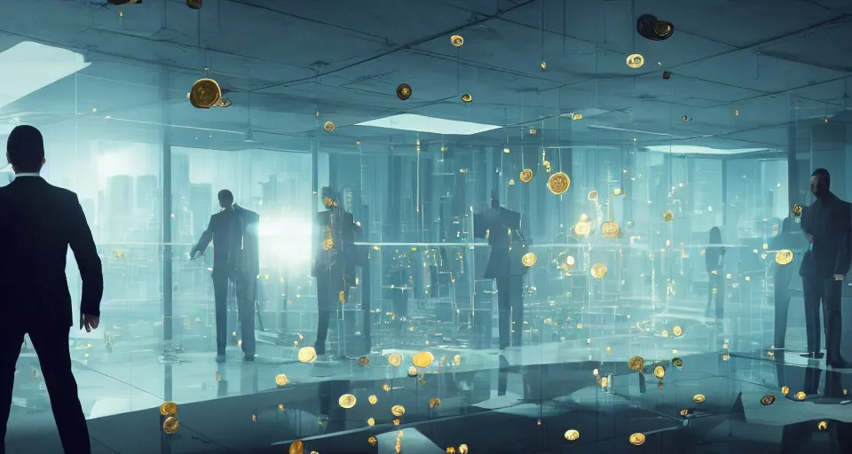 Image similar to Dramatic photo of a CEO waving to silhouettes of his coworkers in a futuristic office. Golden coins are levitating all around them. 8k, high detail, trending on Artstation, volumetric lighting, cyberpunk