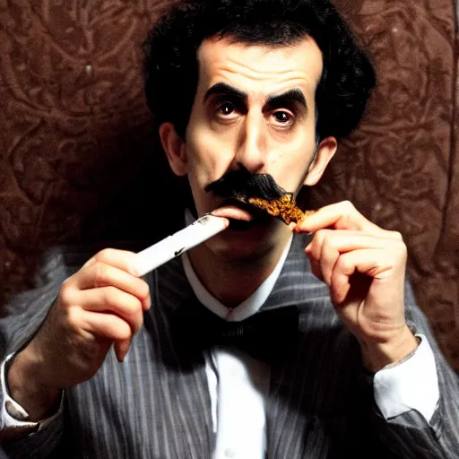 Image similar to A portrait of borat sagdiyev smoking a rolled marijuana joint, 8k, award winning