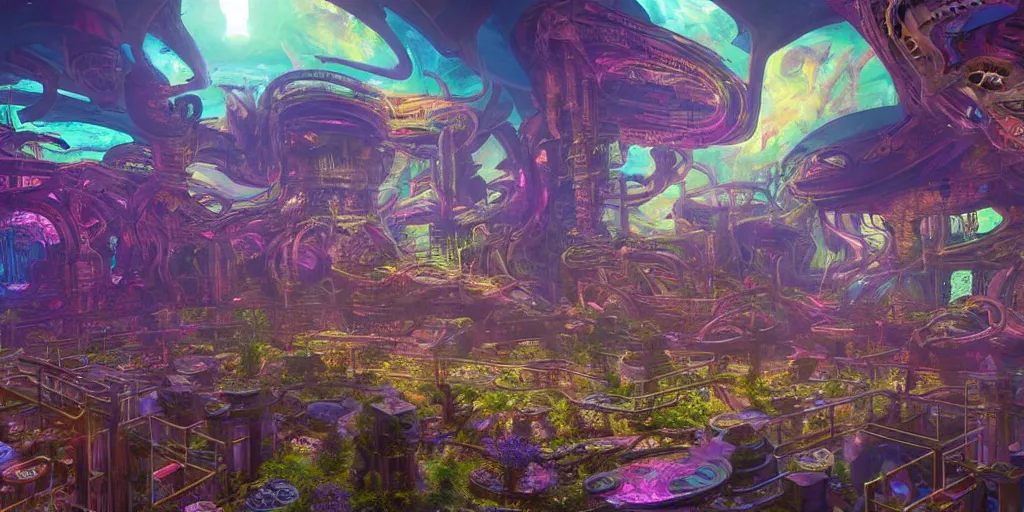 Image similar to a beautiful painting of an elaborate utopian sci - fi scene painted by hr giger and lisa frank, detailed, unreal engine, volumetric lighting, shadows, reflections