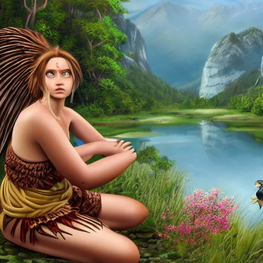 Image similar to mythical harpy, wearing Inka clothes, sad expression, sitting at a pond, mountainous area, trees in the background, digital art