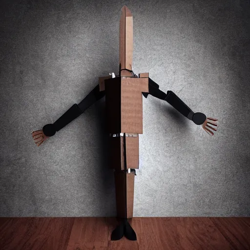 Image similar to hyperrealistic, cardboard boxman with cardboard armor, wielding a cardboard sword inside a kitchen, cabinets, stove