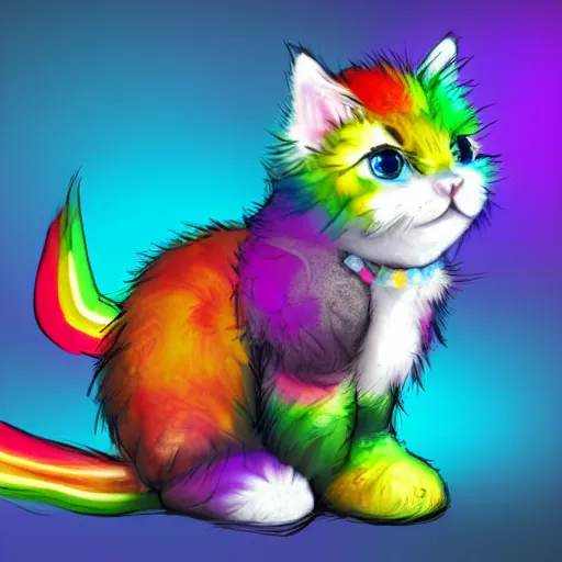 Image similar to wide angle full body, of a fluffy cute rainbow kitten wearing a black leather motorcycle jacket, concept art