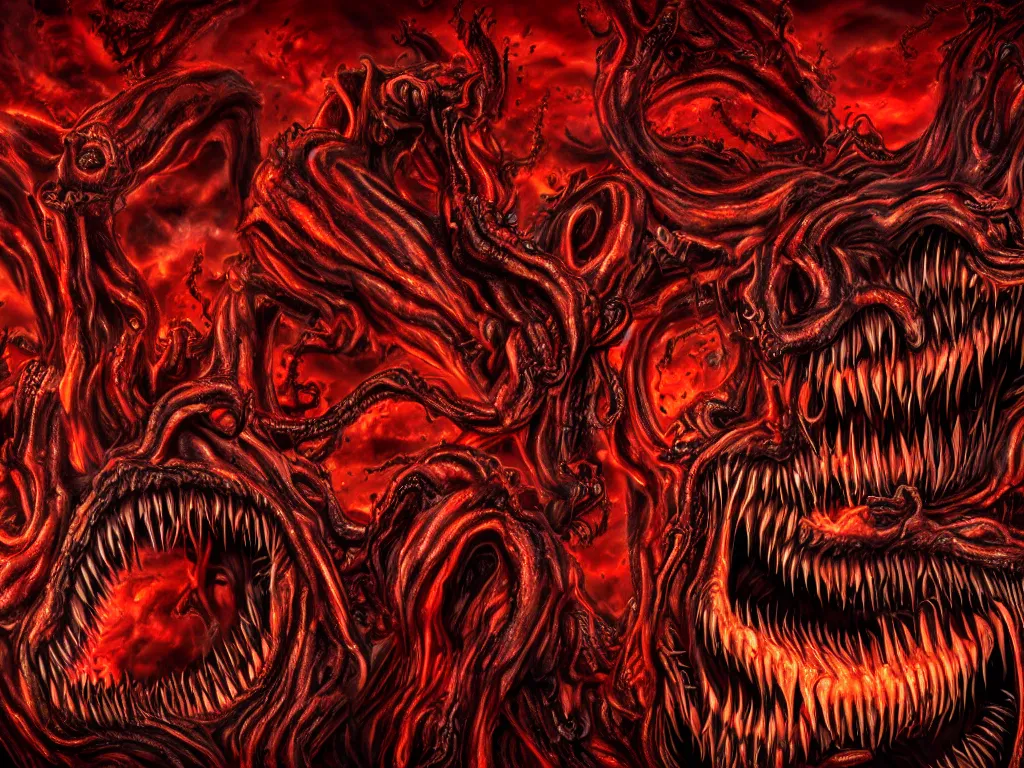 Prompt: twisted demonic creatures screaming, sun dripping liquid blood in the background, eldritch horror, hellish, grotesque, visceral, monstrosity, accursed, insanity, nightmare, High Definition detail, 8K