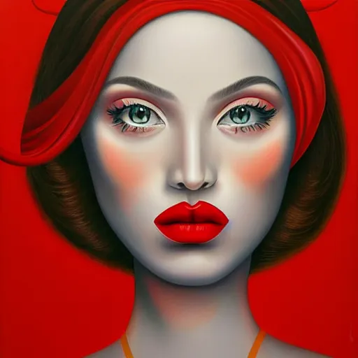 Image similar to a painting of a beautiful woman!!! wearing red, an ultrafine detailed painting by rafal olbinski, behance contest winner, pop surrealism, detailed painting, very detailed, minimalist, airbrush art