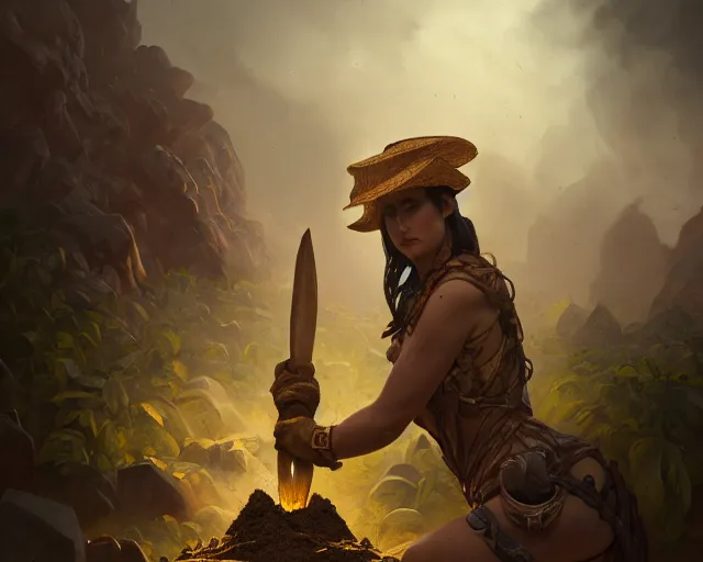 Image similar to spade, digging, gold, discovery, miner, dirt, mud, soil, earth, deep focus, d & d, fantasy, intricate, elegant, highly detailed, digital painting, artstation, concept art, matte, sharp focus, illustration, hearthstone, art by artgerm and greg rutkowski and alphonse mucha