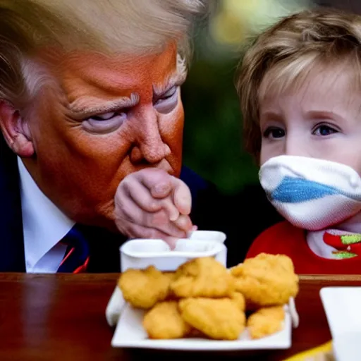 Prompt: Nancy pelosi feeding man baby Donald trump chicken nuggets who is sitting in a high chair, mannerism