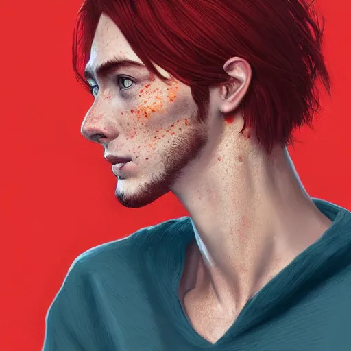 Prompt: portrait of a thin young man with long red hair, ponytail, a lot of freckles on his face, intricate, elegant, glowing lights, highly detailed, digital painting, artstation, concept art, smooth, sharp focus, illustration