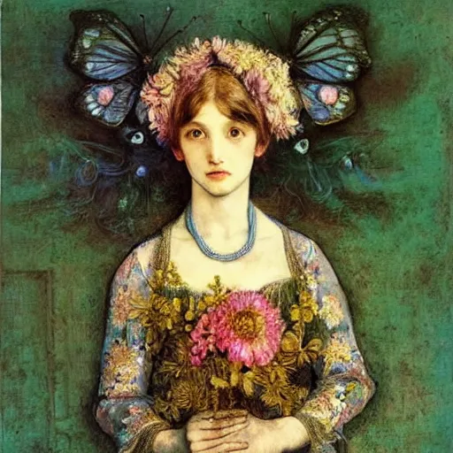 Prompt: a beautiful young lady with huge bright silver eyes, background wallpaper full of intricate of flowers and butterflies, daguerreotype by pontormo, by gustave moreau, by Mackintosh, by schiele, art noveau, highly detailed, strong lights, liminal, eerie, Bright pastel colors