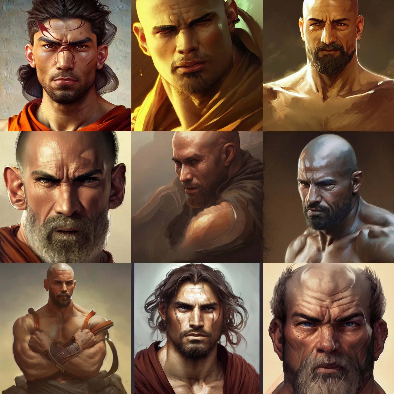 Prompt: rugged muscular male monk, portrait, D&D, fantasy, highly detailed, digital painting, artstation, concept art, sharp focus, illustration, art by artgerm and greg rutkowski and alphonse mucha