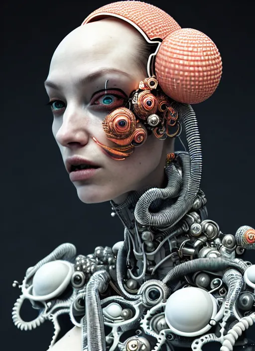 Image similar to portrait of an absurdly ugly, awful disgusting, sophisticated, fashionable cyberpunk mechanoid, hyperdetailed illustration by irakli nadar and alexandre ferra, intricate linework, white porcelain skin, faberge, coral headdress, unreal engine 5 highly rendered, global illumination, radiant light, detailed and intricate environment