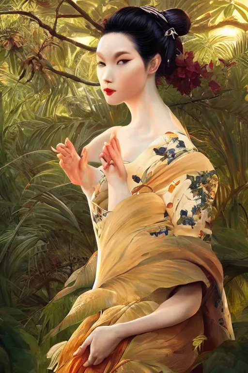 Image similar to stunningly beautiful, irish geisha prima ballerina in jungle, symmetrical face, golden hour, smooth, focus, highly detailed, hyper realistic, dramatic lighting, elegant, intricate, concept art, art by wlop, mars ravelo, greg rutowski, artstation