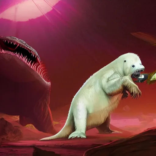 Prompt: a tyrannosaurus eating a baby harp seal, tropical jungle alien planet, genndy tartakovsky, primal, scary lighting, clear focus, very coherent