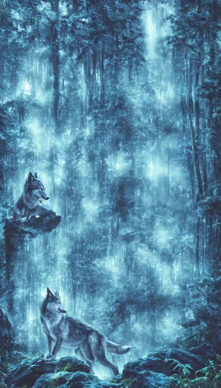 Image similar to humanoid wolf in an enchanted forest with a blue hue and blue fireflie and a waterfall in the distance that magically glows blue, insanely detailed