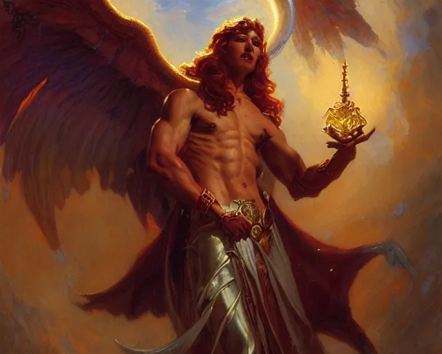 Image similar to attractive male deity, casting demonic magic, summoning handsome lucifer morning star. highly detailed painting by gaston bussiere, craig mullins, j. c. leyendecker 8 k