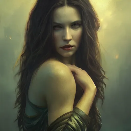 Image similar to majestic gracious regal aristocratic brunette female vampire portrait, atmospheric lighting, painted, menacing, intricate, volumetric lighting, beautiful, rich deep colours masterpiece, golden hour, sharp focus, ultra detailed, by leesha hannigan, ross tran, thierry doizon, kai carpenter, ignacio fernandez rios