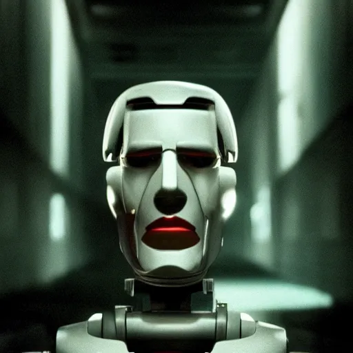 Image similar to movie scene of a man with a robot head, movie still, cinematic composition, cinematic light, criterion collection, reimagined by industrial light and magic, Movie by David Lynch