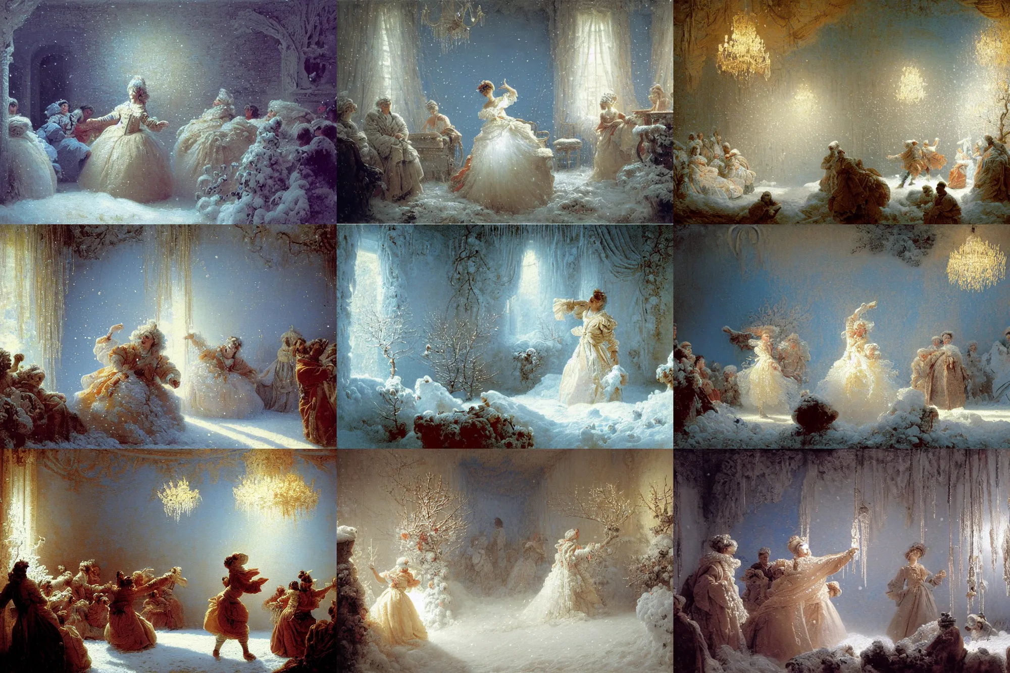 Prompt: polovstian dances and chorus, winter blue drapery, very light snow, icicles, stoic, light dust, magnificent, hyperdetailed, theatrical, close up, masterpiece, painted by jean honore fragonard and greg rutkowski