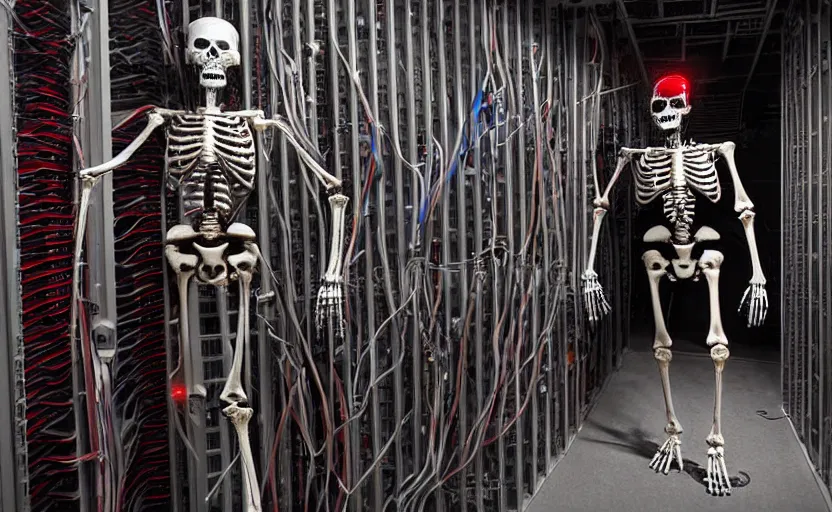 Image similar to terminator skeleton, staying in front of server room. extreme long shot, high detail, low saturated red and blue light, cinematic colors