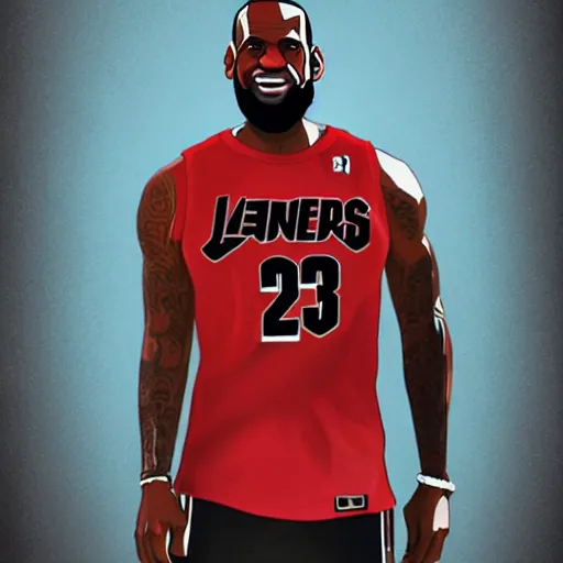 Image similar to happy lebron james wearing a plain tshirt, gta v cover art, art by stephen bliss, matte painting