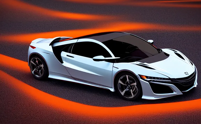 Image similar to honda nsx new car, futuristic car, symmetrical mechanical features, designed by polestar, night tokyo metropoly, elegant design, led lights, papaya orange paint, filled wheels, hard surfaces modelling, dramatic lighting, rendered in ue 5, made in zbrush, bokeh effect, sharp focus