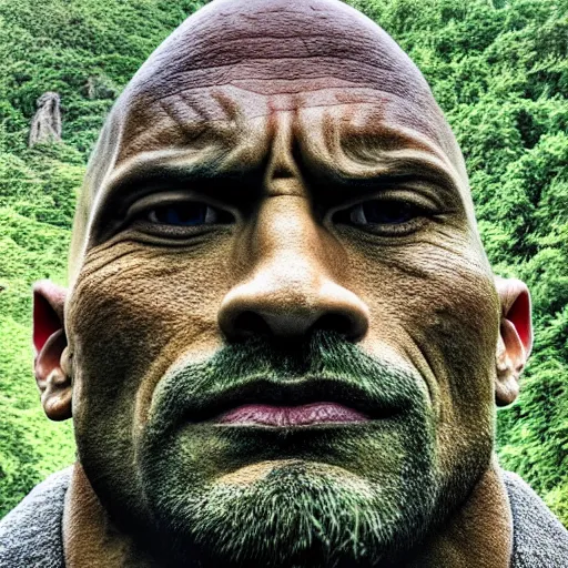 Image similar to a grey mossy rock with the face of dwayne johnson, shot on iphone 1