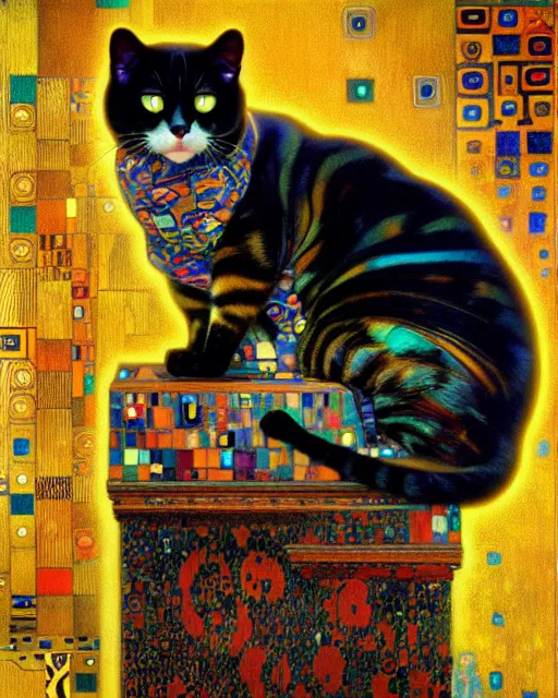 Image similar to burglar cat portrait an oil painting splashes with many colors and shapes by gustav klimt greg rutkowski and alphonse mucha, polycount, generative art, psychedelic, fractalism, glitch art