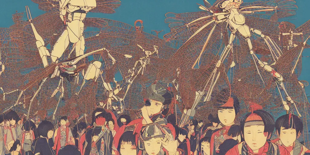 Image similar to gigantic dragonflies with human faces catch tiny robots, a lot of exotic mechas robots around, human heads everywhere, risograph by kawase hasui, satoshi kon and moebius, 2 d gouache illustration, omnious, intricate, a lot of tiny details, fullshot