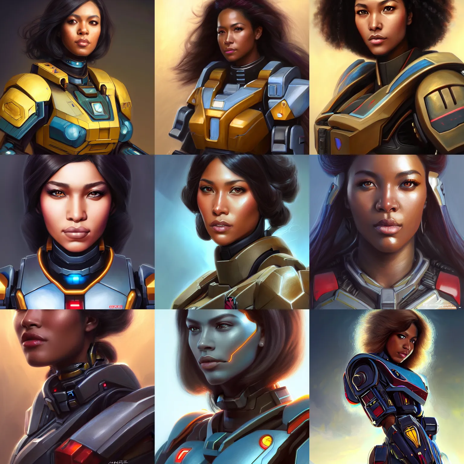 Prompt: a portrait of a very beautiful WOC woman in battletech elemental clanner clan battle armor, Alexandria\'s genesis, chin-length hair, bored, illustration, soft lighting, soft details, painting oil on canvas by mark arian by artgerm, trending on artstation, 4k, 8k, HD