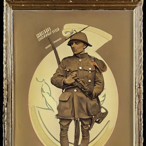 Image similar to ww 1 soldier, painted by alphonse mucha