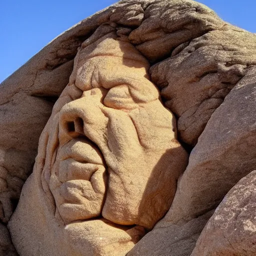 Prompt: a rock formation of the face of a person named jerry jellostien