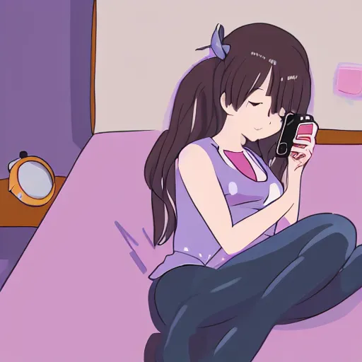 Image similar to girl in bed with phone in her hand before going to sleep, 2 d modern anime style