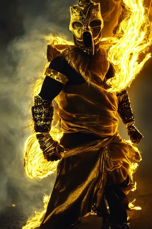 Image similar to A man wearing golden mask, hair like fire, muscular, in dark soul