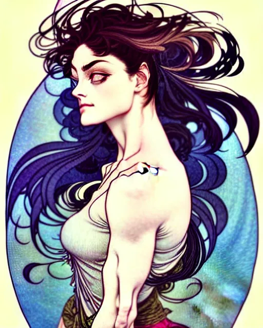 Image similar to in the style of artgerm, arthur rackham, alphonse mucha, phoebe tonkin, symmetrical eyes, symmetrical face, flowing blue skirt, full entire body, hair blowing, intricate filagree, hidden hands, warm colors, cool offset colors