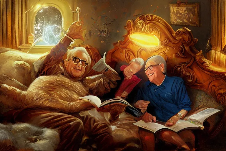 Prompt: portrait of rod roddy reading a bedtime story to bob barker in bed, an oil painting by ross tran and thomas kincade