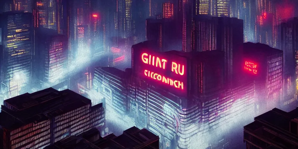 Image similar to giant illuminated billboards, megacity streets seen from above, neon signs, eerie fog, blade runner, ex machina