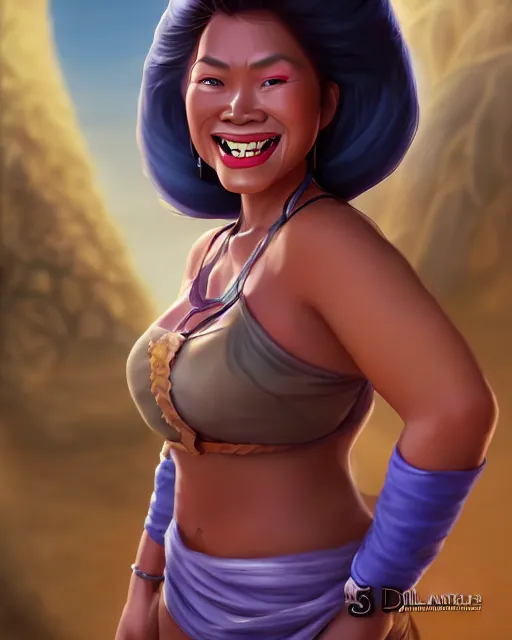 Image similar to smiling happy heavy filipina woman character portrait, by don bluth, sci - fi environment, highly detailed, dynamic shadows, 4 k, wallpaper - 1 0 2 4
