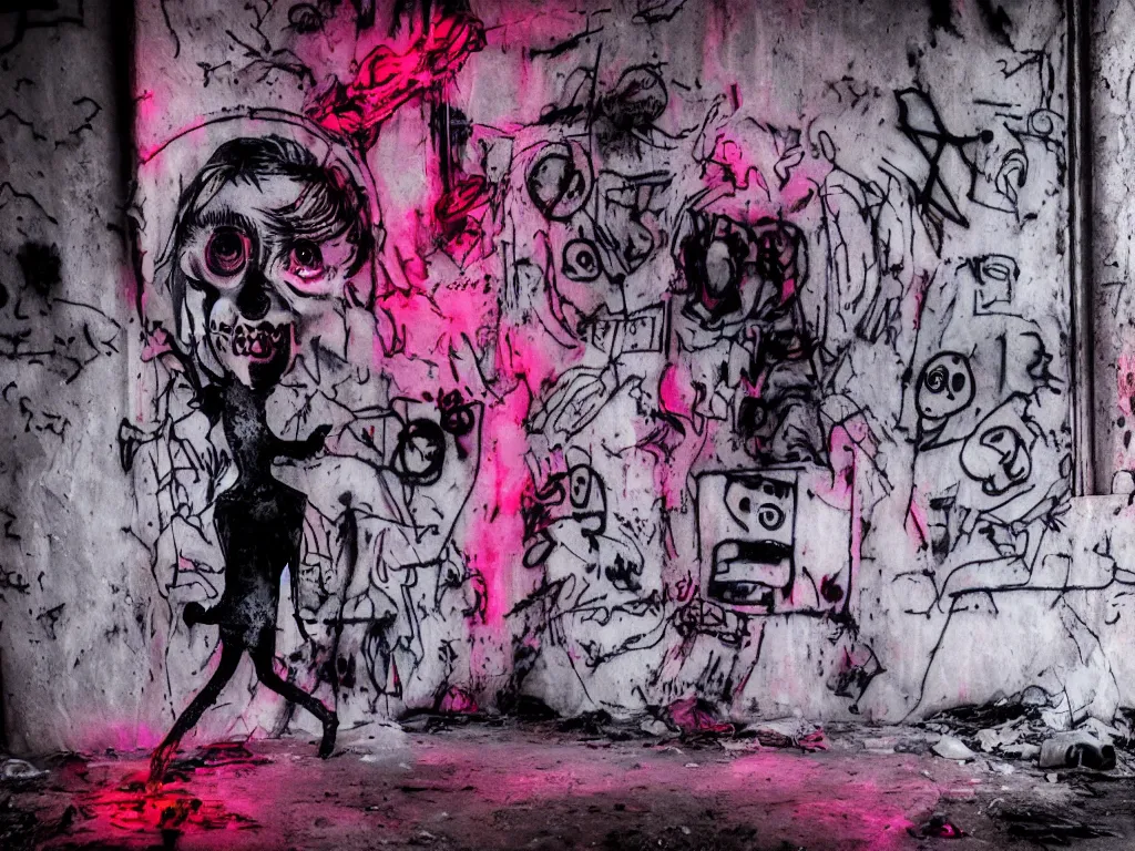 Prompt: ghost wraith apparition caught on camera, graffiti in an abandoned bunker, cute fumo plush gothic black enigmatic maiden girl painted in spilt red ink and washed watercolor, glowing ancient glyphs and summoning circle, neon light, avant garde pop art, filmic, vignette, captured on canon eos r 6