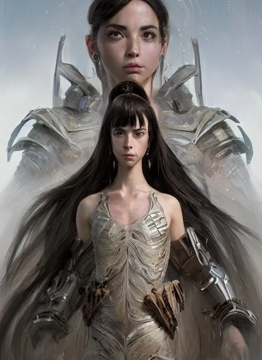 Image similar to a professional portrait of a beautiful young female, clothed in ethereal battle armor, olive skin, long dark hair, beautiful bone structure, symmetrical facial features, intricate, elegant, digital painting, concept art, smooth, sharp focus, finely detailed, illustration, from Valerian and the City of a Thousand Planets, in the style of Ruan Jia and Mandy Jurgens and Artgerm and Greg Rutkowski and William-Adolphe Bouguerea