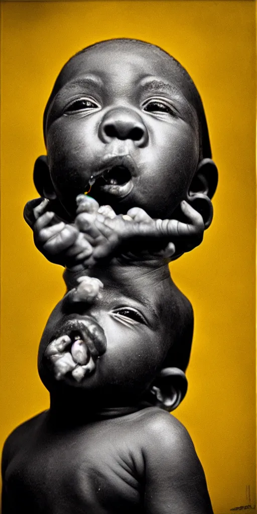 Image similar to award winning photo of black baby puking gold, vivid colors, happy, symmetrical face, beautiful eyes, studio lighting, wide shot art by sally mann & arnold newman