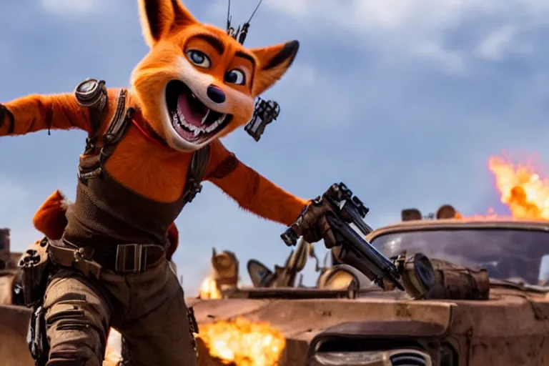 Image similar to nick wilde, heavily armed and armored facing down armageddon in a dark and gritty reboot from the makers of mad max : fury road