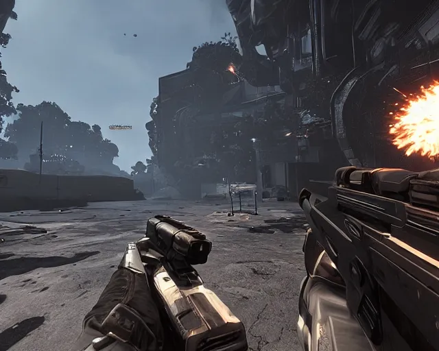 Prompt: screenshot from FPS game, futuristic gun, alien enemies, cryengine hd 8k