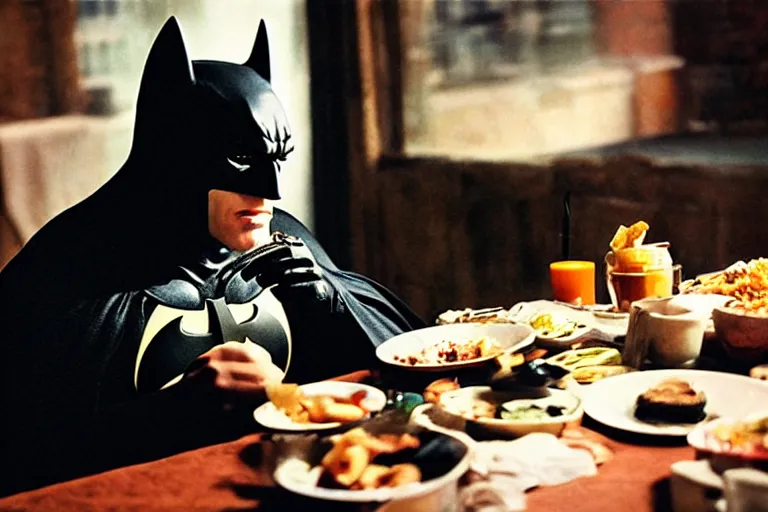 Image similar to portrait of Batman eating breakfast By Emmanuel Lubezki